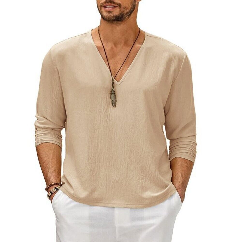 Trendy Men's Cotton Blend V Neck Long Sleeve T Shirt Loose Tops Tee ...