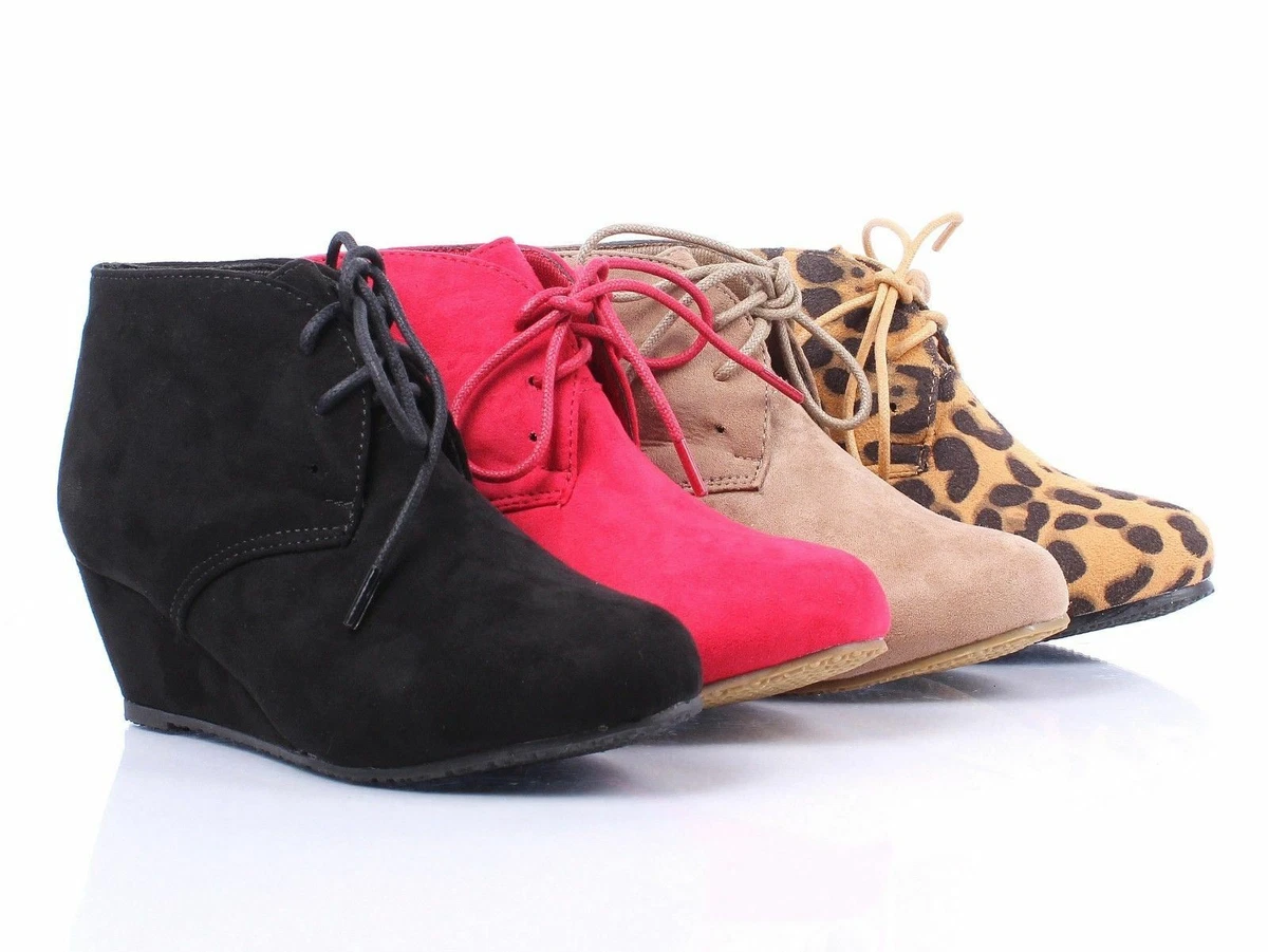NARROW Girls/Kids/Youth Lace-Up Faux Suede Ankle Wedges Boots High Heels Shoes