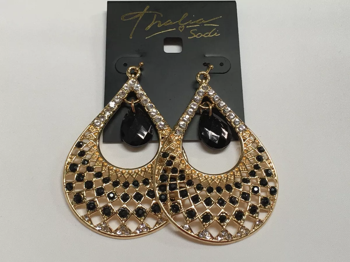 Thalia Sodi Earrings Gold Plated Tear Drop Black Net Rhombus 2