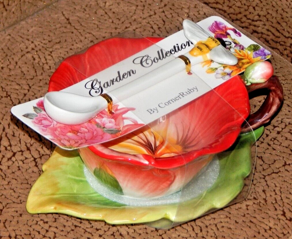 Juego de cuchara platillo hoja taza de té flor roja amapola colección jardín rubí esquina nuevo con etiquetas Foto 3 de 4