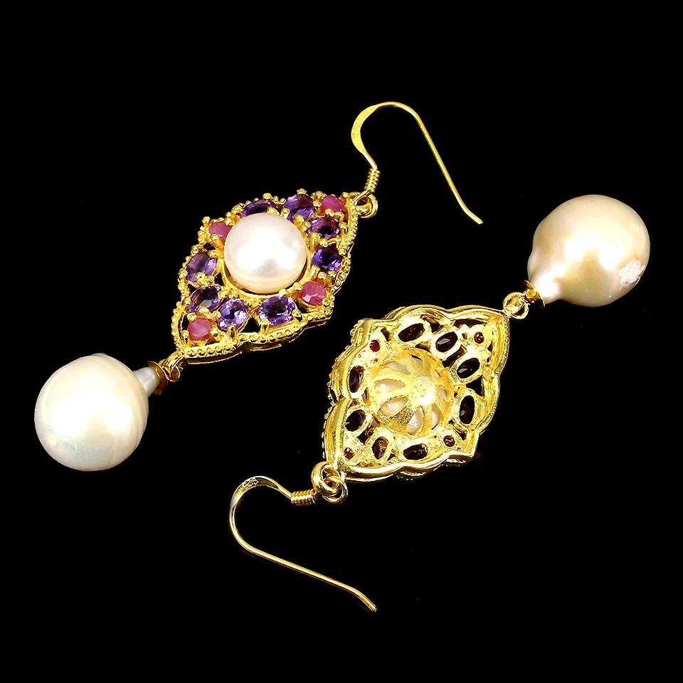 Estate 925 Orecchini Argento Ovale Ametista Rubino Perla Gemma Gioielli - Immagine 3 di 4