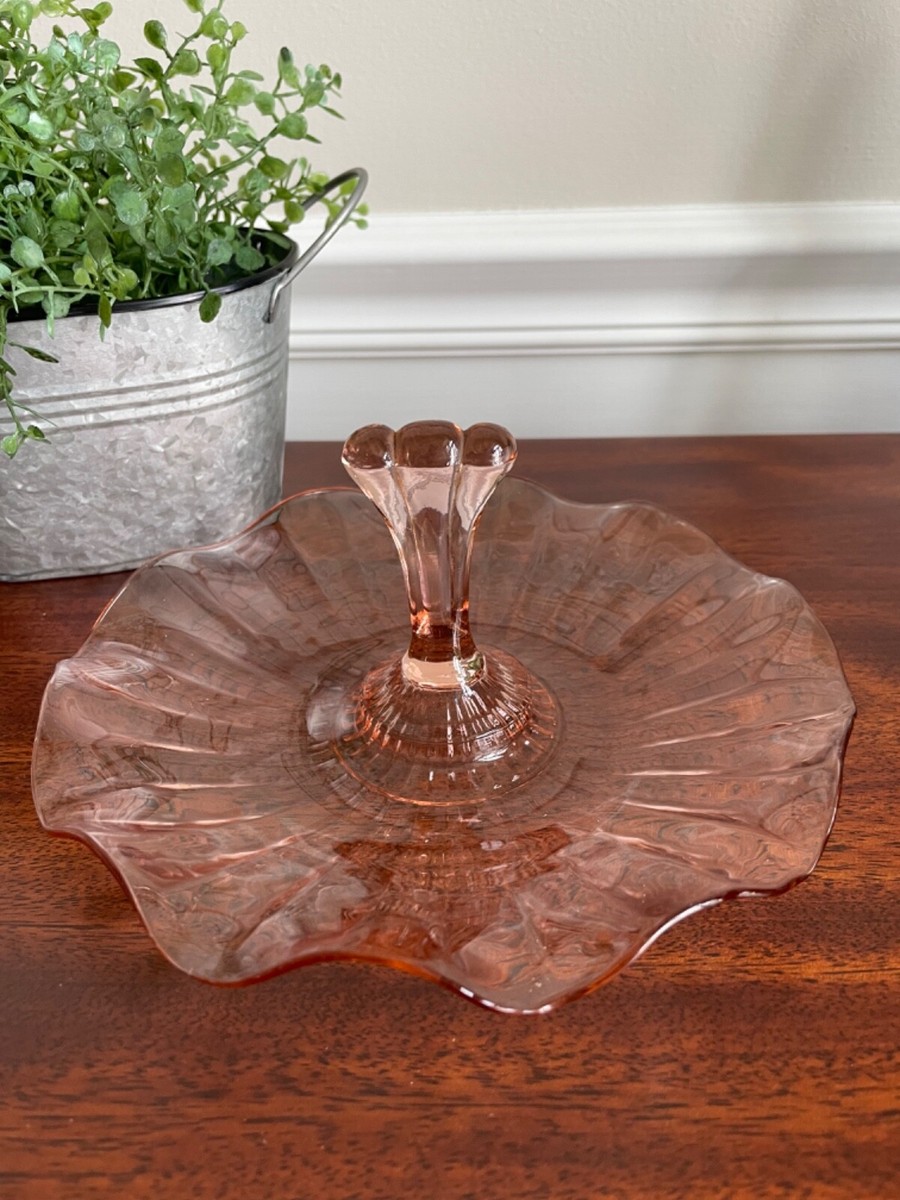 Vintage Pink Depression Glass Center Handle Scalloped Edges Dish