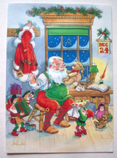 Santa & Elves in toy workshop  embossed unsigned Christmas greeting card *LT2