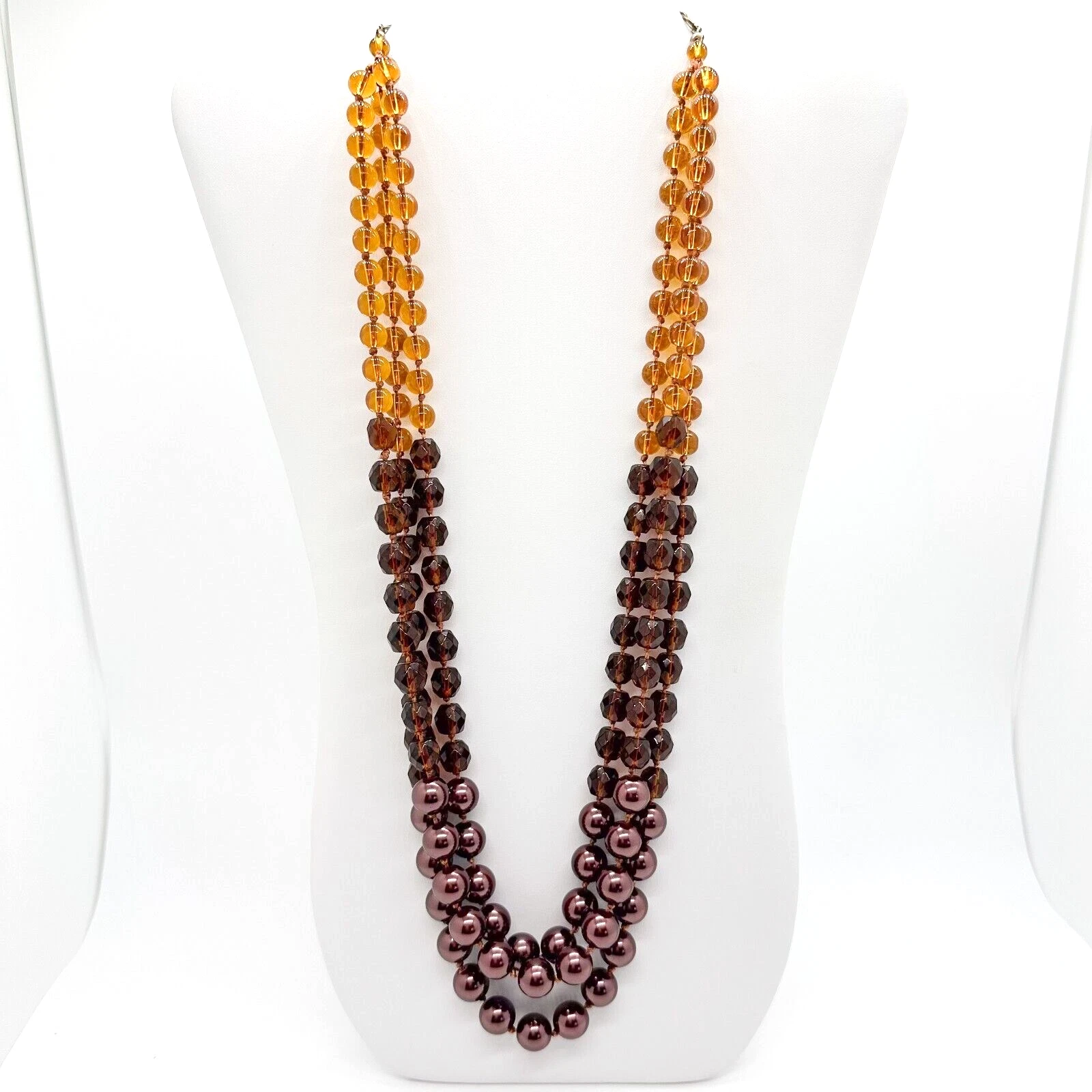 VETEMENTS Collana di perline Coldwa Creek triplo filo vetro sfaccettato finta perla marrone 27"