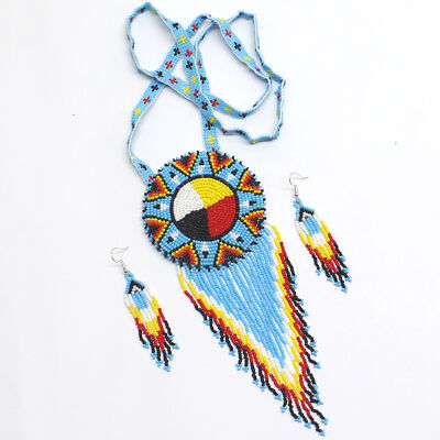 Handmade beaded Cyan Blue 4 directions Necklace earrings set