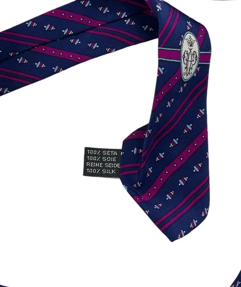 Blusa giratória EMILIO PUCCI gravata de seda ITÁLIA listrada azul borgonha com: 3,4" em excelente estado usado - Imagem 3 de 4