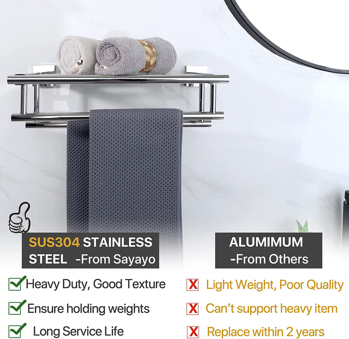 Beelee - Doppia Barra Portasciugamani Da Parete, 40 Cm, Cromata Lucida - Foto 9