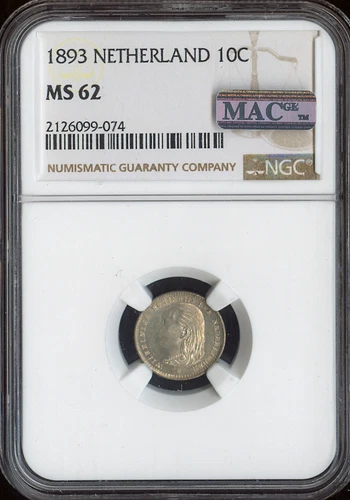 1893 Netherlands 10 Cents NGC MS62 Quality