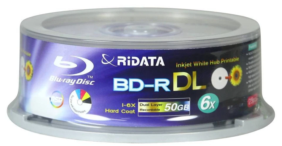 100 RIDATA 6X Blank Blu-Ray BD-R DL Dual Double Layer 50GB Inkjet Printable Disc - Image 2 of 4
