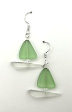 Green  White Seaglass Sailboat Earrings, Sterling Silver. Handmade.