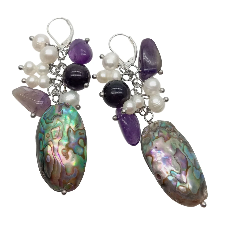 Freshwater White Pearl Amethyst Abalone Shell Silver Leverback Earrings - Image 3 of 4