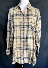 SANS SOUCI Size M Oversized Tan Brown Plaid Long Slv Soft Flannel Shirt Top NEW