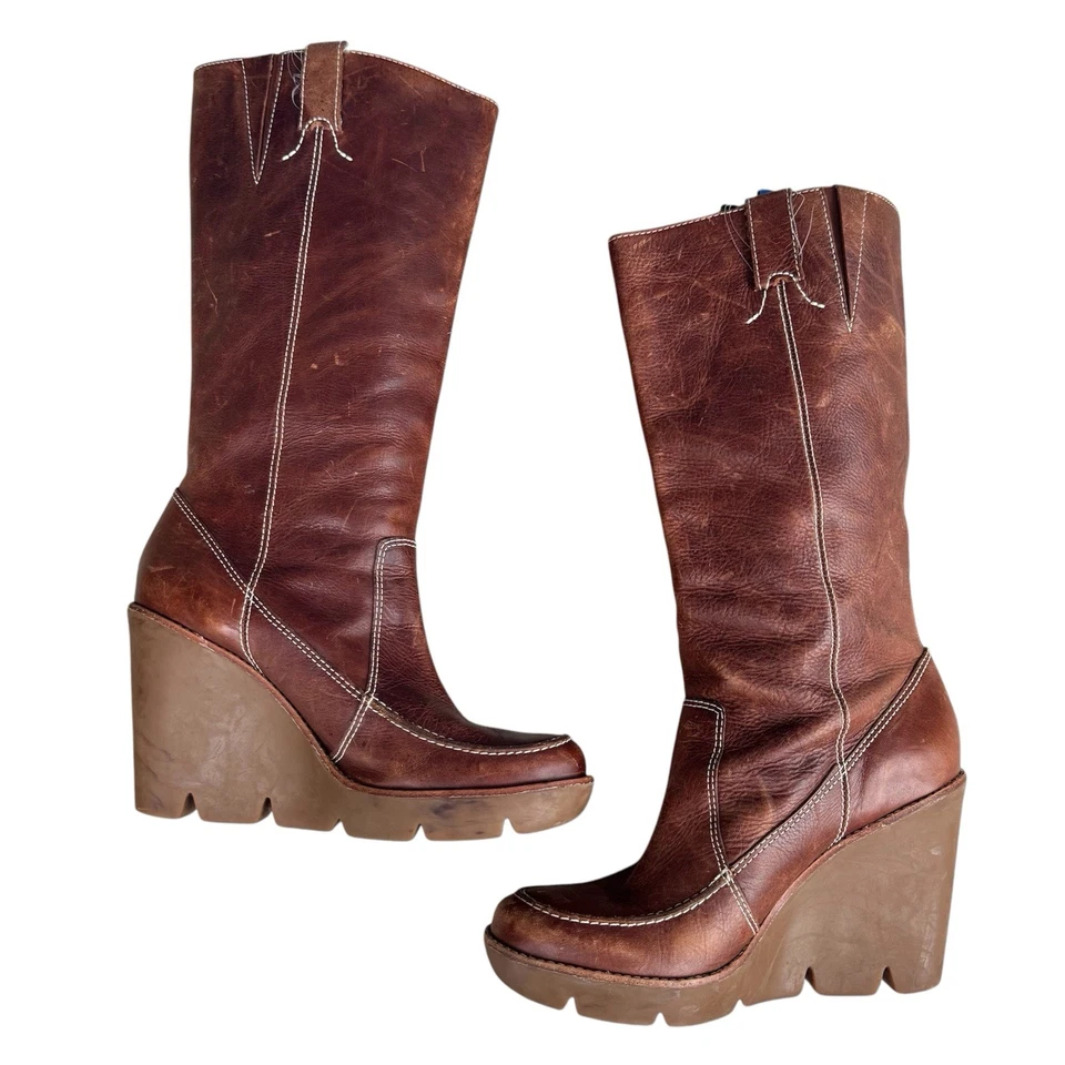 Y2K Michael Kors Brown Leather Knee High Wedge Pull On Boots 8.5 M Distressed - Image 4 of 4