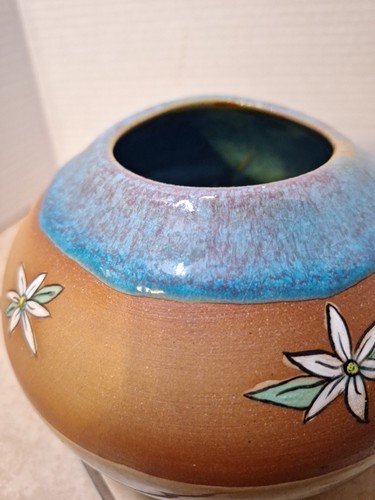 Always Azul Pottery Hand Thrown Brown Blue Drip Glaze Squat Planter Daisy 5" - Picture 11 of 13