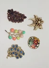 Vintage Lot Of 5 Costume Jewelry Brooches, Rhinestones, Cloisonne, 2 Marked