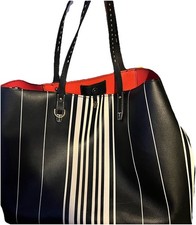 Tory Burch Kerrington Coated Canvas Striped Large Tote Black White Leather