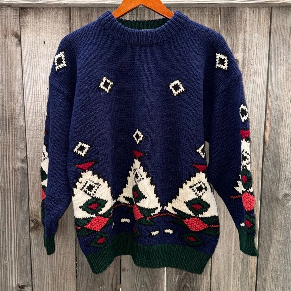 Suéter Vintage Marsh Landing Tejido a Mano 100% Lana Shetland Azul Rojo Cuello Alto Foto 3 de 4