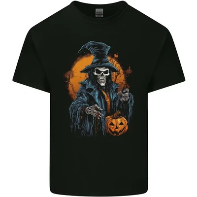 Halloween Sorcier Sorcière Avec Citrouille Crâne Hommes Clair T-Shirt - Photo 1/2