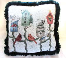 Vintage Tapestry Cardinal Birds Birdhouse Throw Pillow Fringe Edge Traditional