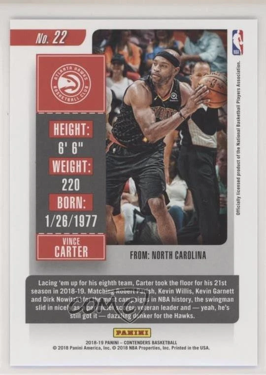 2018-19 Panini Contenders Cracked Ice Ticket /25 Vince Carter #22 HOF - Image 2 of 2