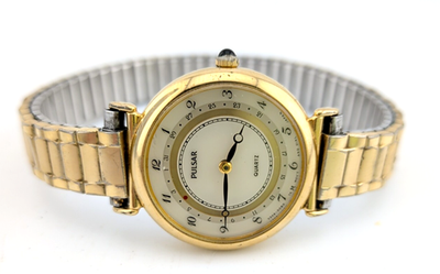 #ad VTG Pulsar Watch Women Gold Tone Cream Dial Red Dot Date Round V244 0030 w Case $34.99