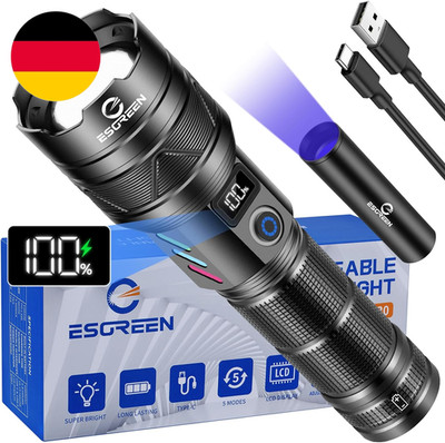 ESGREEN LED Taschenlampe Extrem Hell 1000000 Lumens Lange Reichweite, USB C Aufl