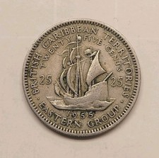1955 British Caribbean Territories 25 Cents Coin, Copper Nickel, 24 mm