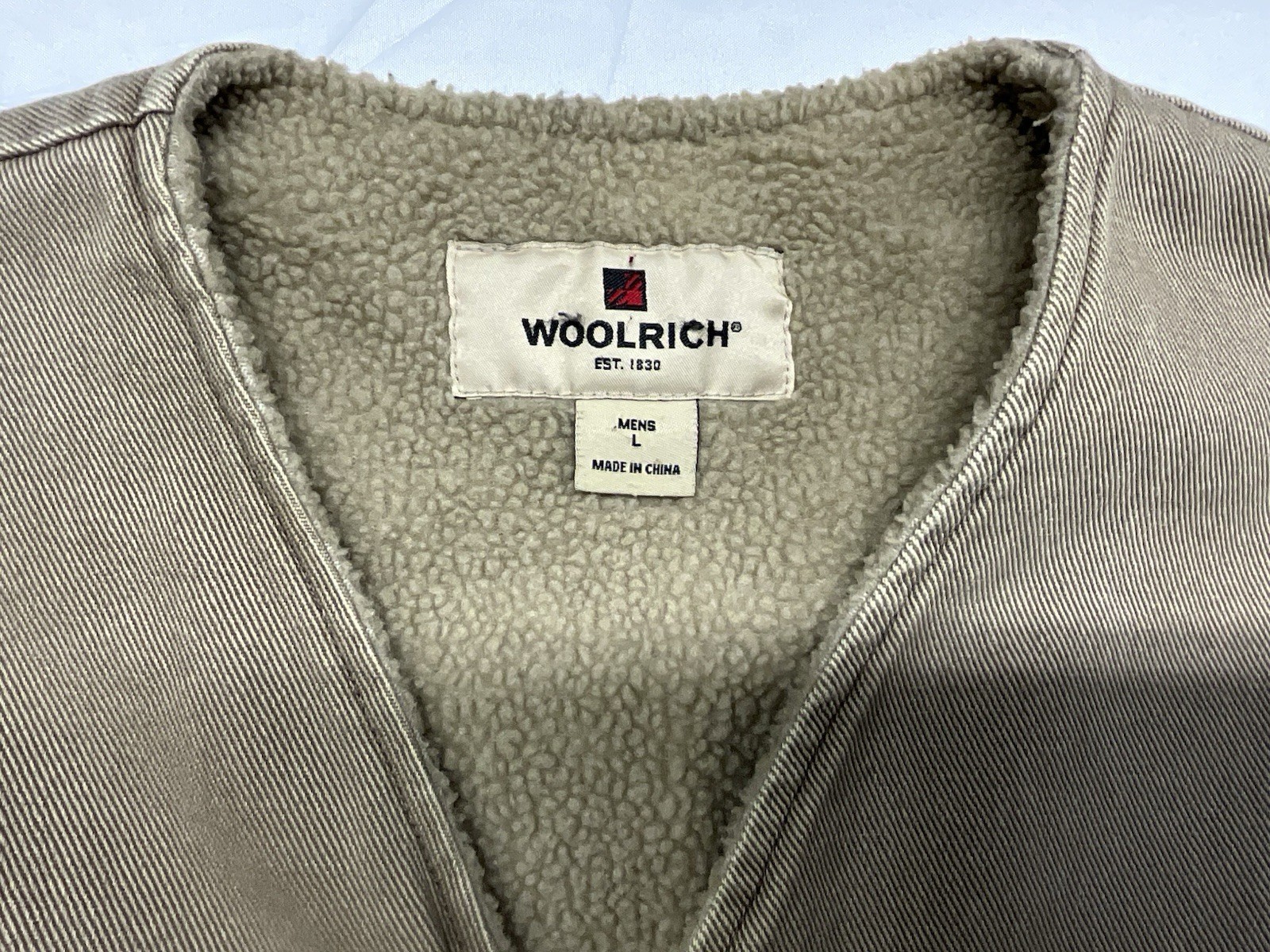 Woolrich Vest Men's L Tan Sherpa Lined Canvas Workwear Full Zip USA Heavy Canvas