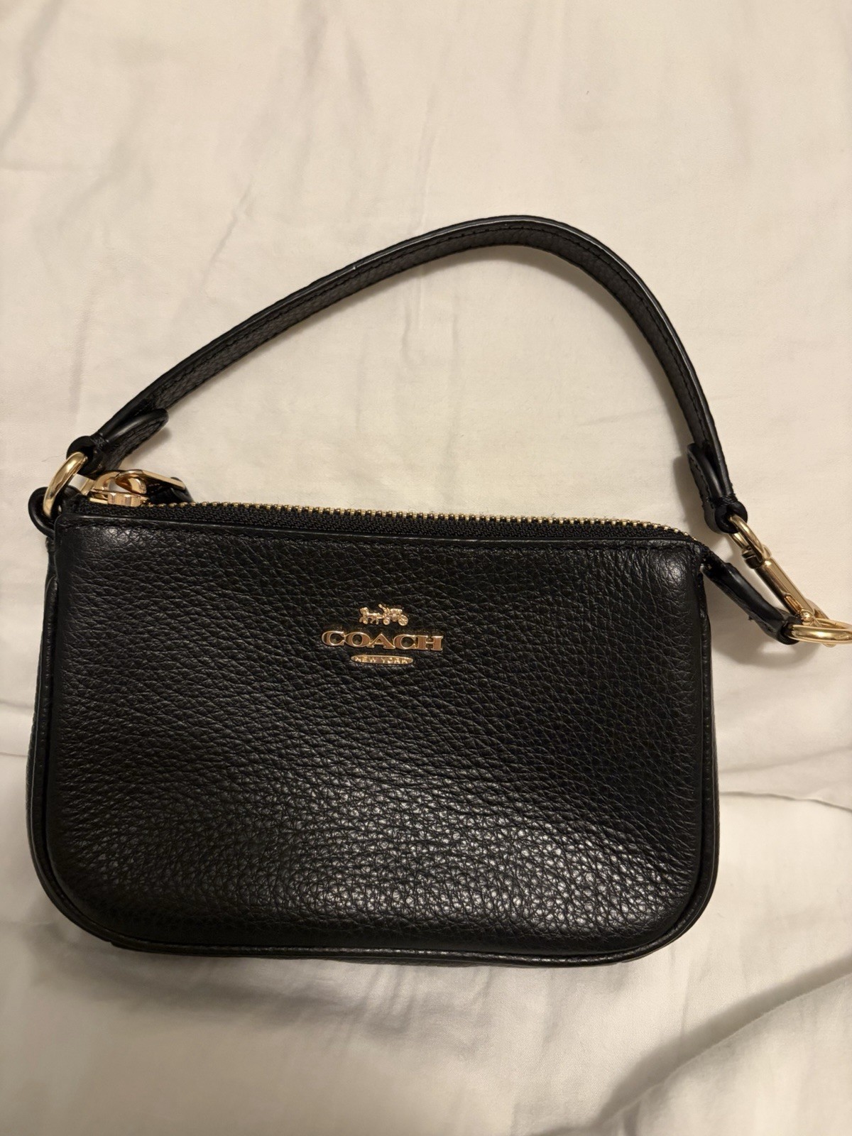 Coach Black Pebbled Leather Clutch Wristlet with Gold Hardware Zip Closure