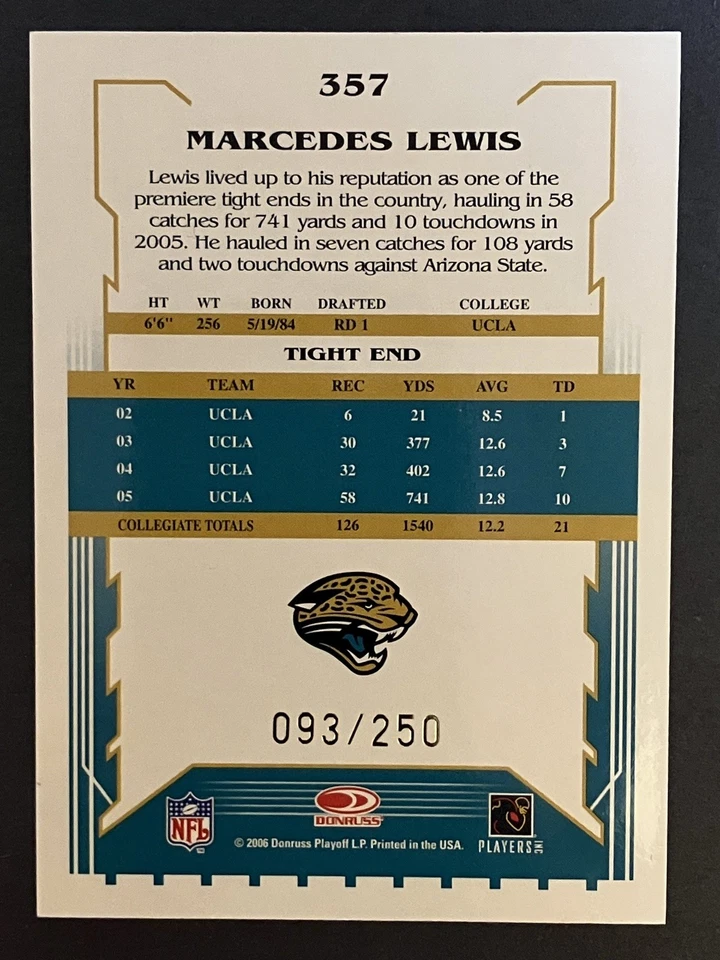 2006 Score Select #357 MARCEDES LEWIS Inscriptions /250 Rookie RC Auto Jaguars - Image 2 of 4