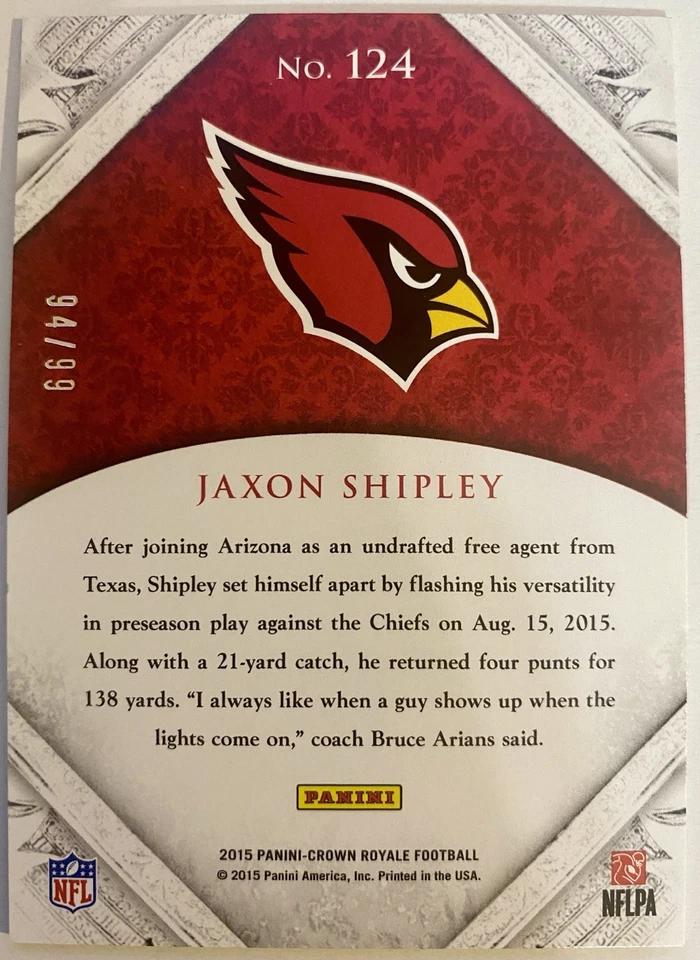 2015 Panini Crown Royale - Rookie Jaxon Shipley #124 Gold /99 (RC) - Image 2 of 2