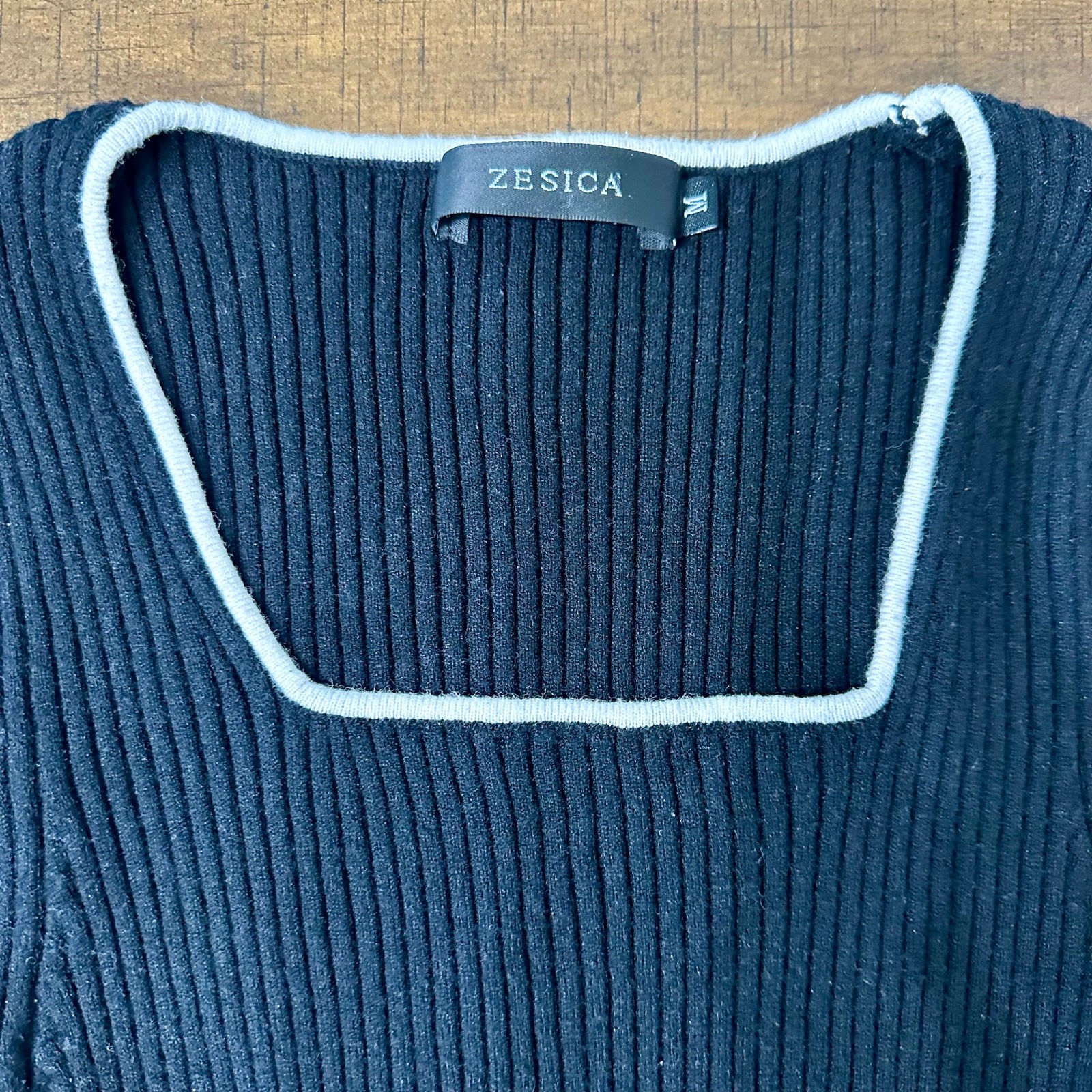 Zesica Black Ribbed Knit Square Neck Long Sleeve Fitted Top Medium | eBay