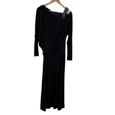 David Meister Black One Shoulder Beaded Long Sleeve Maxi Dress