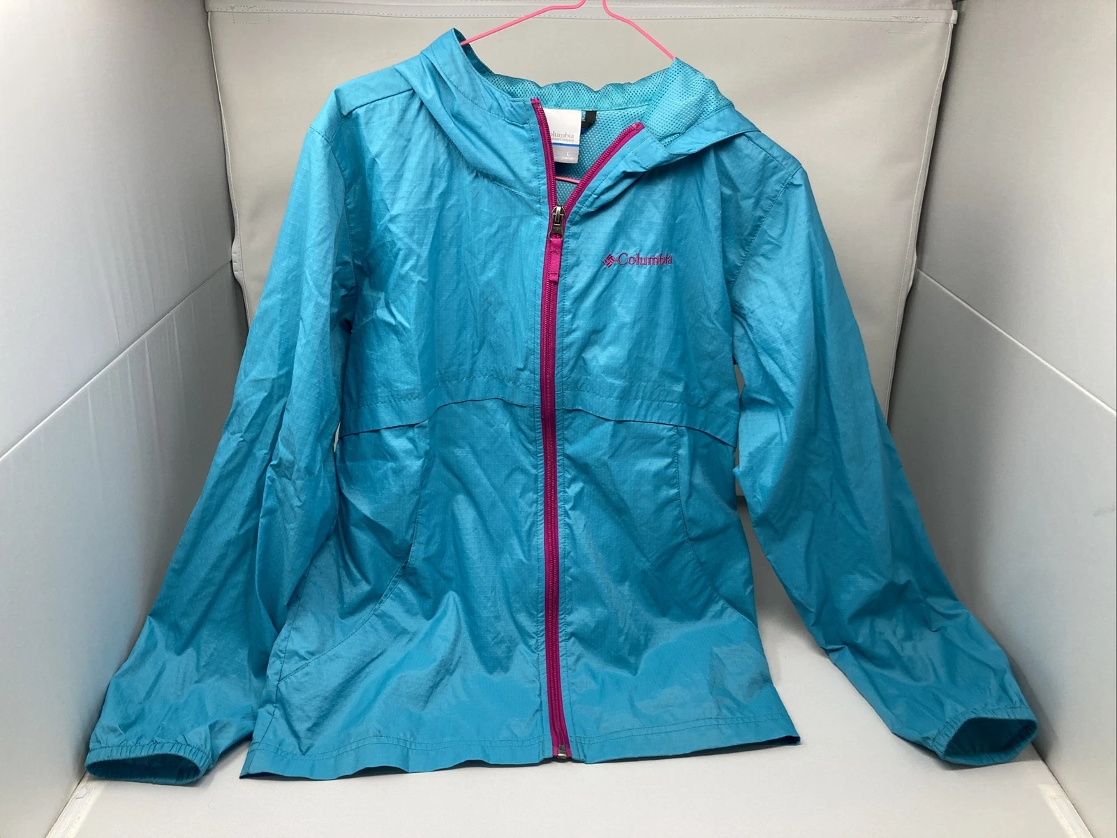 Columbia Girls Jacket Size Large L 14/16 Rain Shell Wind Breaker Mesh Teal/Pink