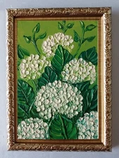 White Hydrangea Garden Flowers art 4x6 inch Impasto oil painting original framed