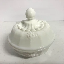 Vintage Westmoreland Covered Candy Dish Sugar Bowl Milk Glass Paneled Grapes 5" 