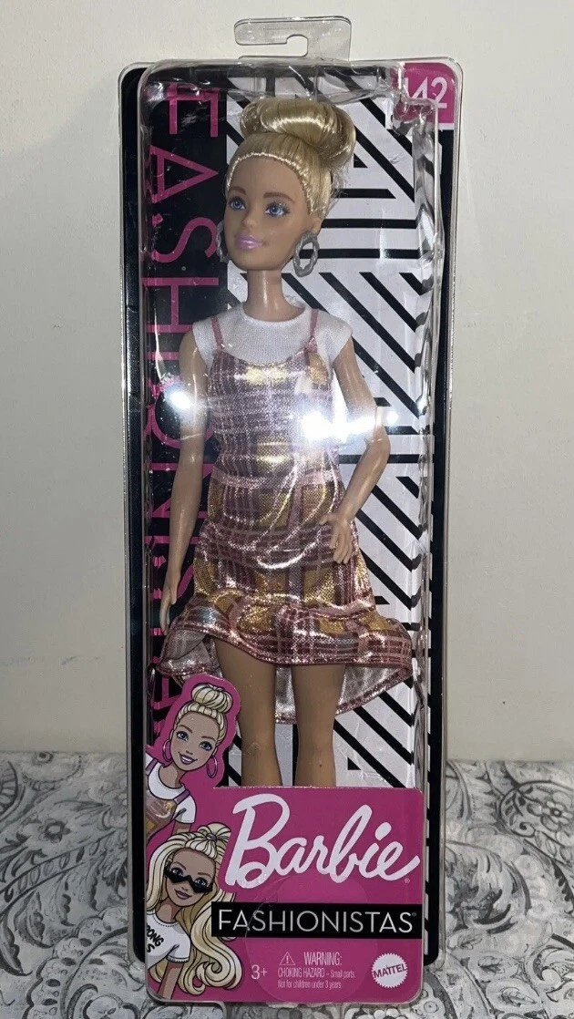 Barbie Fashionistas Doll Blonde Updo Hair Pink Gold Plaid Dress