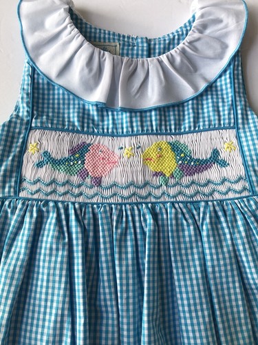 Marmellata Dress Smocked Tropical Fish Aqua Blue Checked Sz 4 NWT $70 - Picture 4 of 11