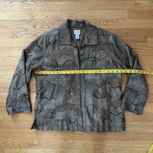 Chico’s Size 2 Medium Utility Jacket Green Metallic Beaded Embroidered Hook Eye - Picture 10 of 11