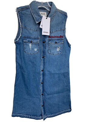 Hudson Jeans Big Girls Blue Cotton Sleeveless Bianca Button Down Denim  Dress L