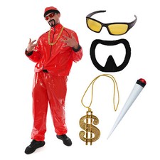 90'S TV RAPPER ADULTS FANCY DRESS COSTUME RED TRACKSUIT GLASSES $ CHAIN BEARD