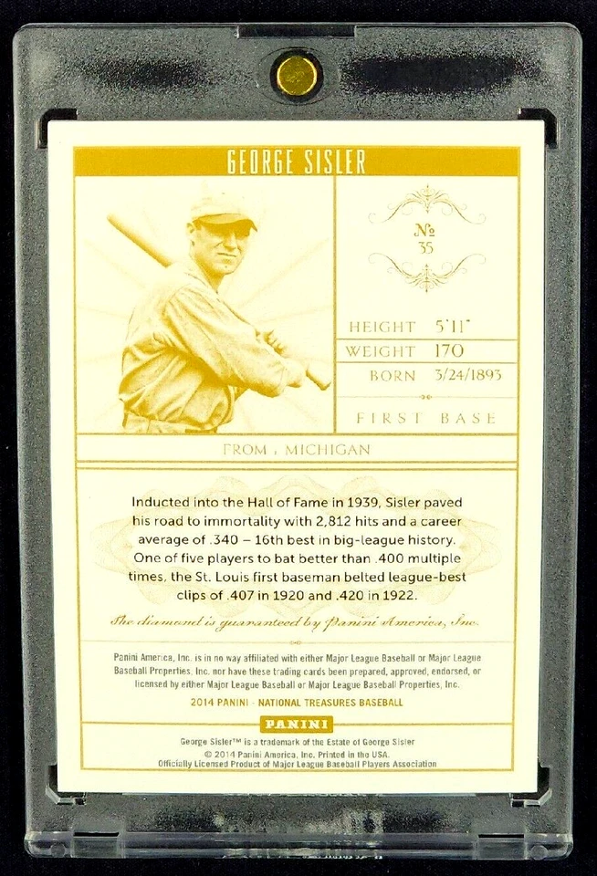 Flawless National Treasures 35 2014 George Sisler 1/1 Salón de la fama *Diamante real en tarjeta* Foto 2 de 4