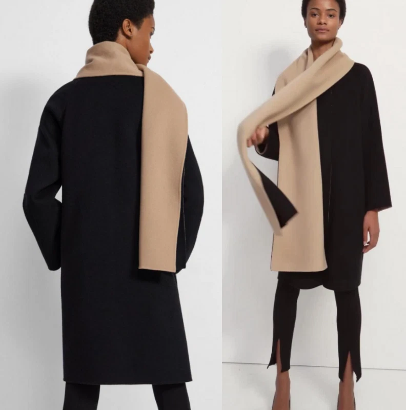 THEORY Scarf Coat in Double Face Soft Wool Cashmere Black Camel