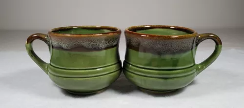 Pair Of Green With Brown Rim Ceramic Drip Glaze Mugs Vintage Tea Or Coffee READ