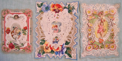 3 Victorian Valentine Card Paper Art Lace  Fold Open Die Cut Multilayer NICE!