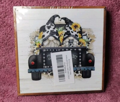 Gnomes Riding Sunflower Farms Painted Wood Art Wall Free Standing Sign 5'' x 5''