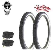 2 VINTAGE LOWRIDER BICYCLE TIRE 24 x 2.125 BLACK/WHITE BLUE LINE DIAMOND W/TUBES
