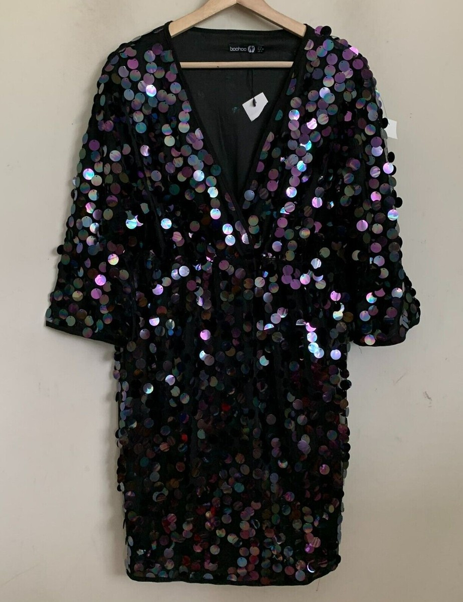 boohoo black and silver sequin dress boohoo Women's Square Neck Sequin Mini Dress in Silver