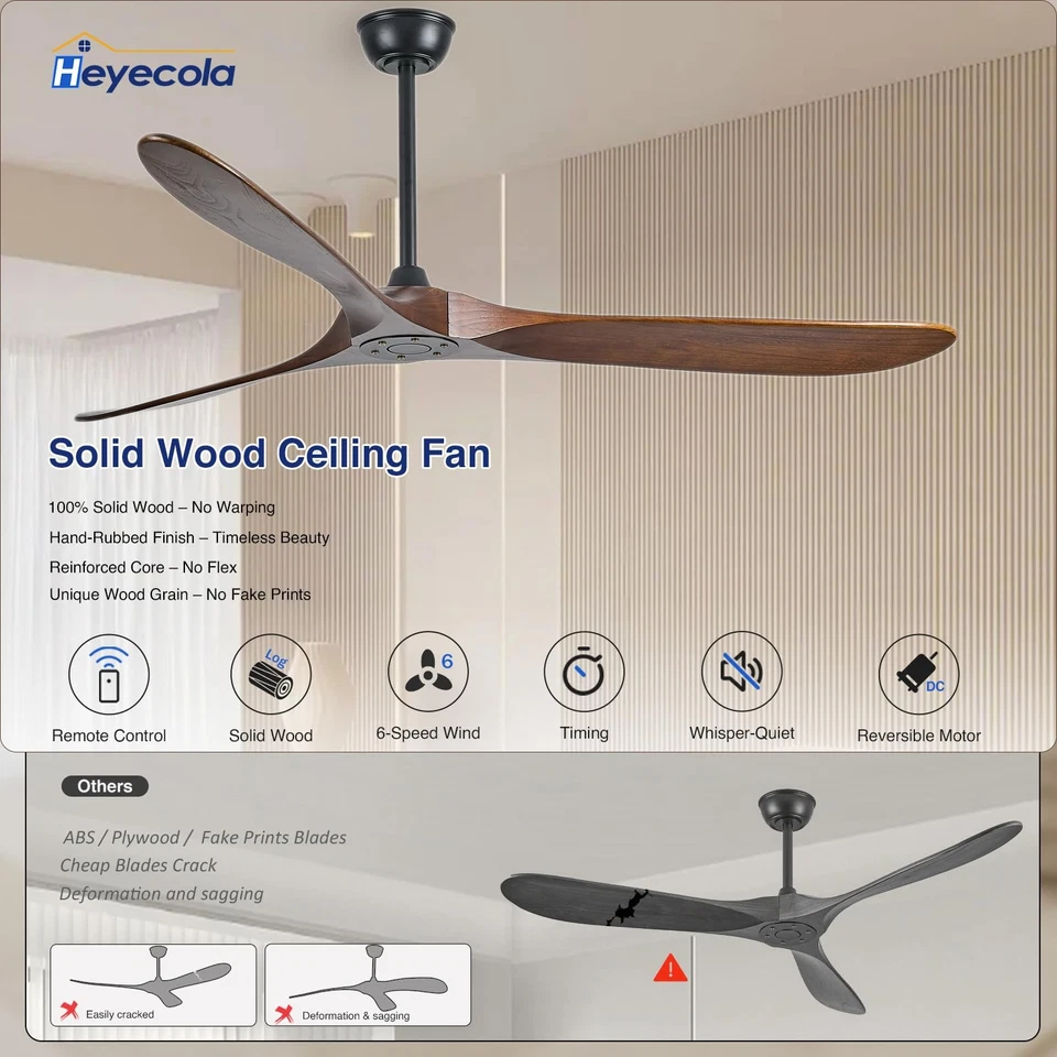 72 Inch Ceiling Fan No Light Walnut Solid WoodOutdoor Ceiling Fans for Patios... - Image 2 of 4