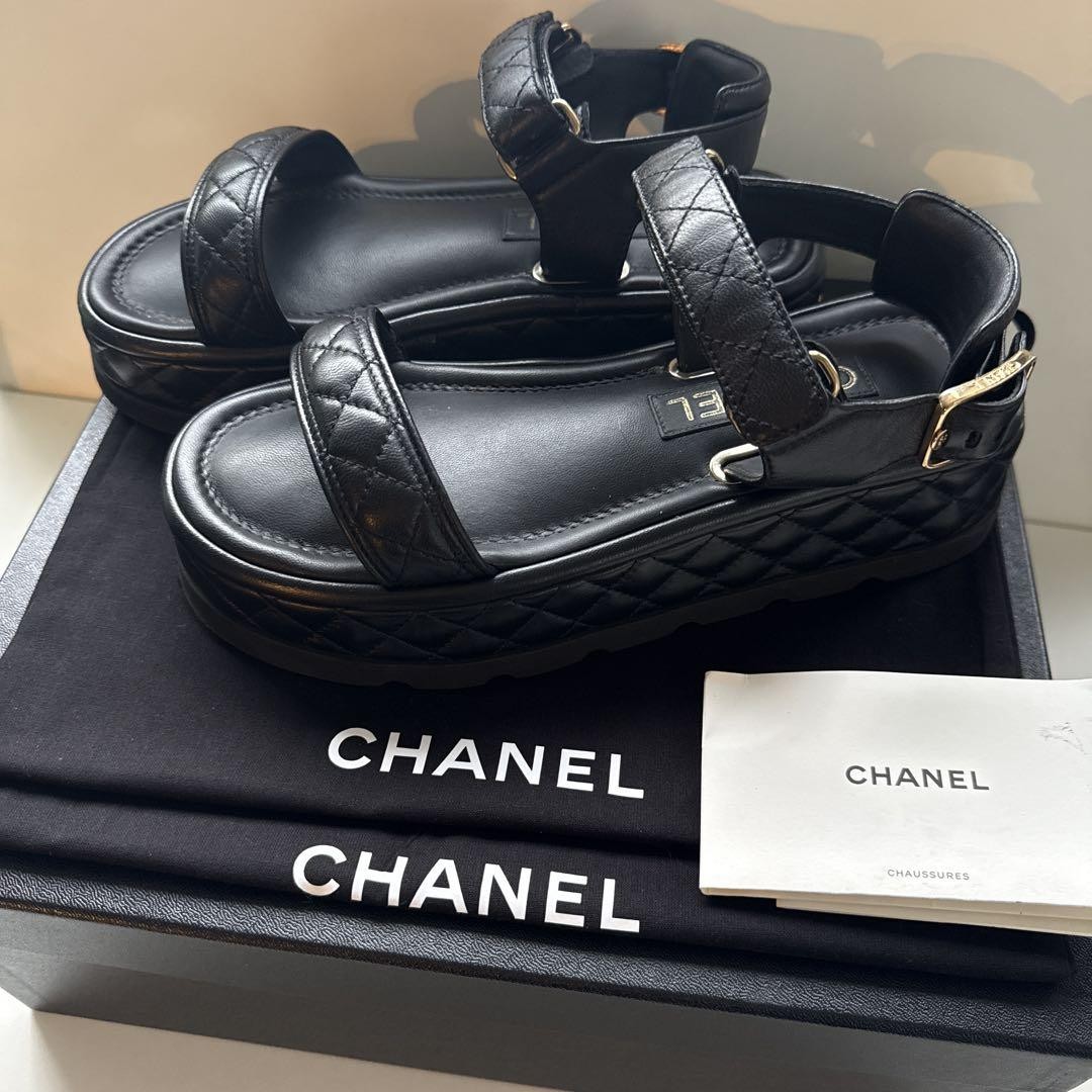 CHANEL Quilted Matelasse Platform Sandals in Black Leather  